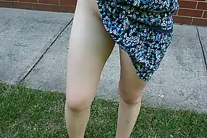 Flashing outside in cute dress amp lace bra