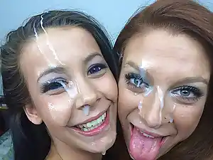 Girls smiling for the camera with cum on their faces